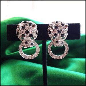 1980s Signed KJL Earrings Crystal Panthers Door Knocker Hoops  16132